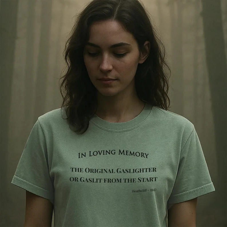 Woman in foggy forest wearing bay green Heathcliff In Loving Memory literary tee.