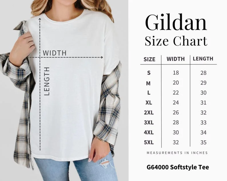 Gildan 64000 unisex size chart showing width and length measurements.