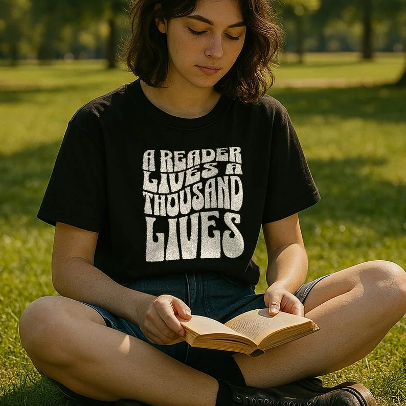 May include: Black t-shirt with the text "A READER LIVES A THOUSAND LIVES" in a white, retro font. A person is sitting on grass, reading a book. The background is a blurred green field and trees, typical of a park setting.