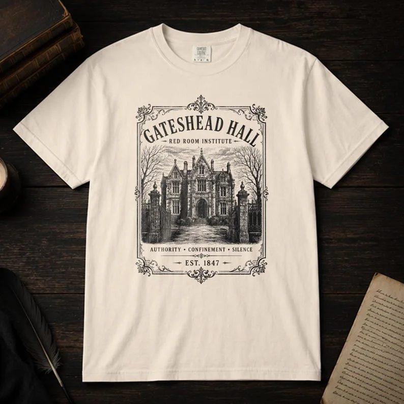 Ivory Comfort Colors 1717 Gateshead Hall Jane Eyre t-shirt front view showing ornate Victorian manor illustratio