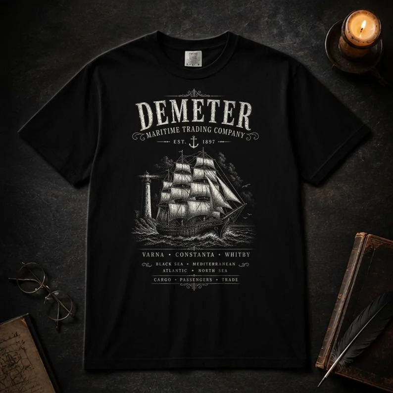 Black Comfort Colors Dracula Demeter ship T-shirt flat lay on dark textured background with gothic styling