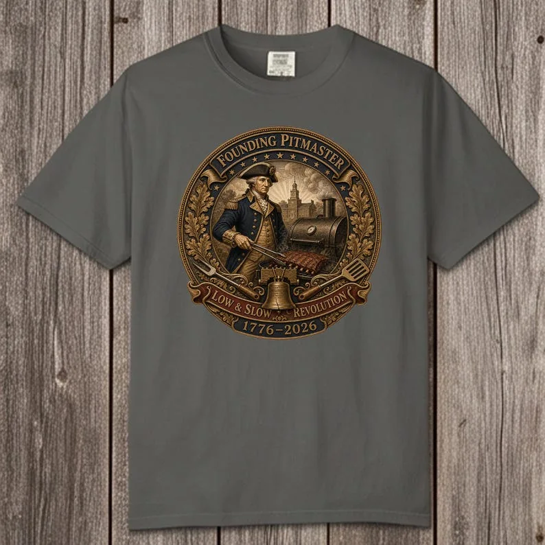 George Washington Founding Pitmaster graphic on pepper Comfort Colors T-shirt celebrating America's 250th Anniversary with vintage patriotic BBQ artwork.