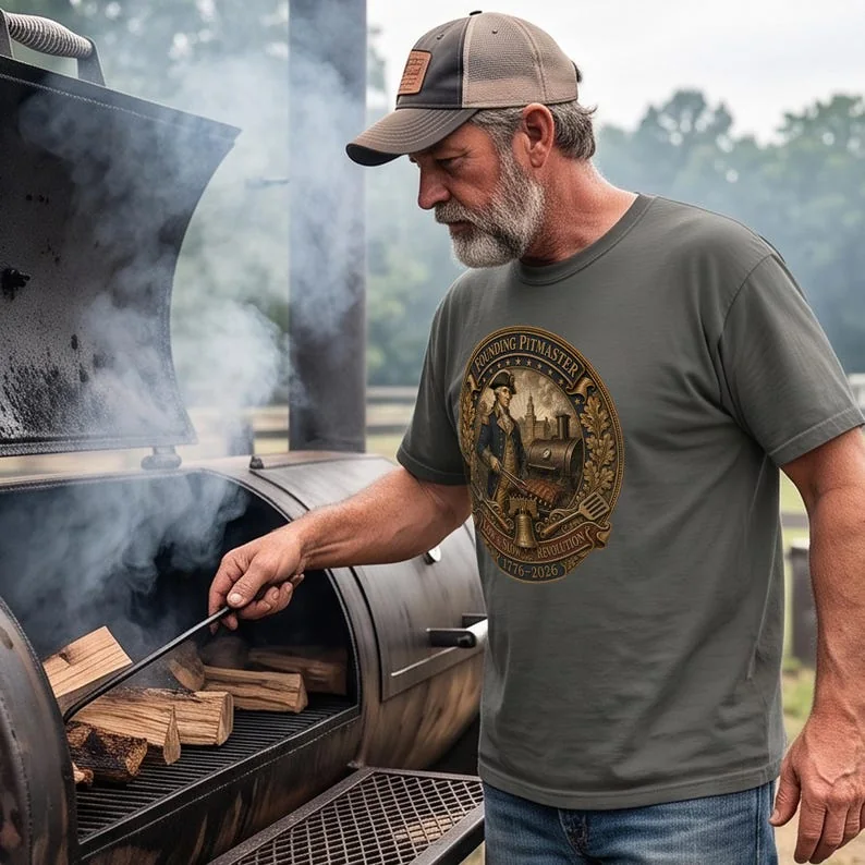 Man grilling at an outdoor smoker wearing a George Washington Founding Pitmaster patriotic BBQ T-shirt for America's 250th Anniversary.