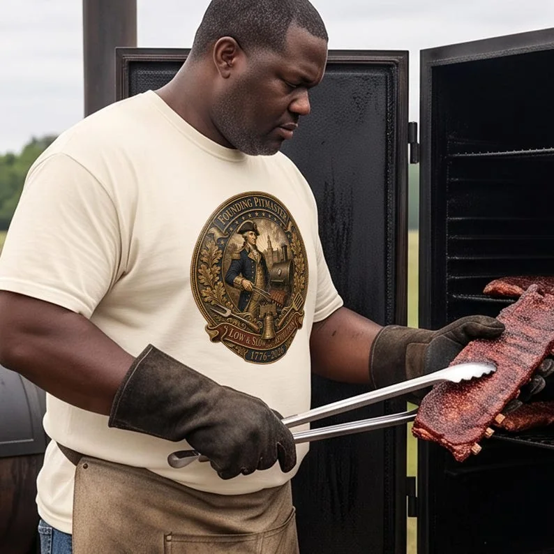Pitmaster wearing an ivory George Washington BBQ shirt while holding smoked ribs beside an outdoor smoker.