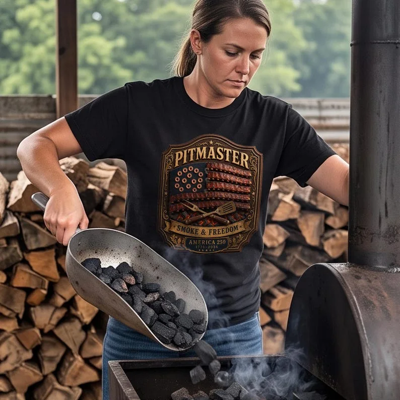 A woman standing outdoors next to a stack of firewood and a BBQ smoker, wearing a black Comfort Colors 1717 t-shirt with a vintage "PITMASTER" American flag ribs graphic. She is holding a metal charcoal scoop filled with hot coals.