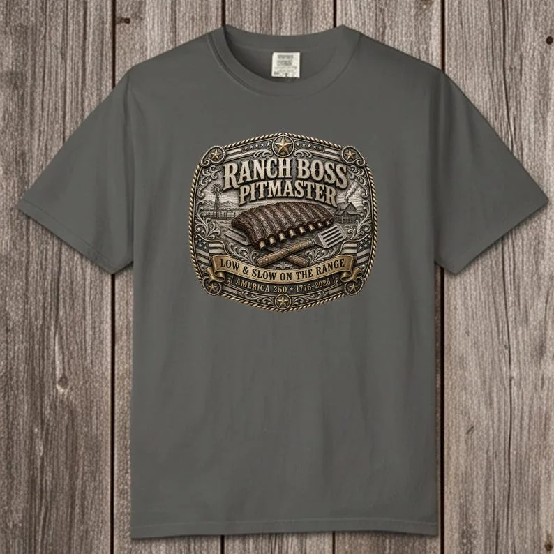 Comfort Colors 1717 pepper Ranch Boss Pitmaster T-shirt featuring a western engraved belt buckle design celebrating America's 250th Anniversary.