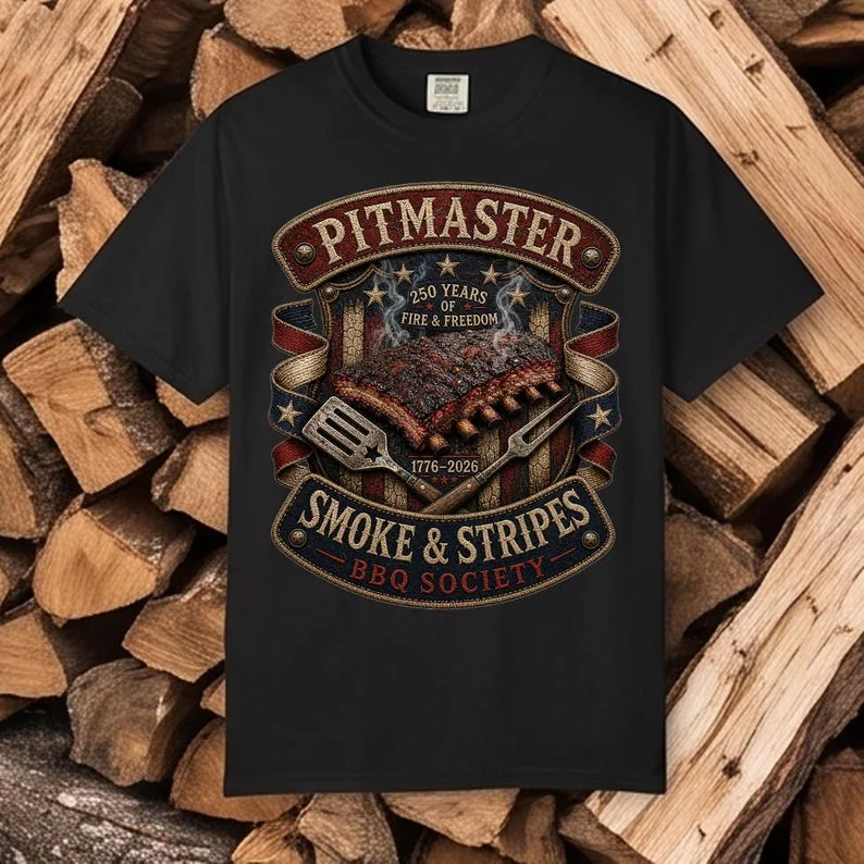 Black Comfort Colors 1717 t-shirt displaying a detailed patriotic emblem graphic reading "Pitmaster Smoke & Stripes BBQ Society 1776-2026," styled flat against a rustic backdrop of stacked split firewood logs.