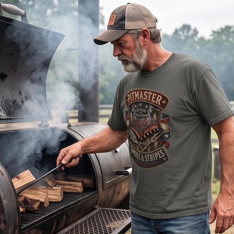 A bearded man wearing a cap and a Pepper Comfort Colors 1717 graphic t-shirt tending to a large black barrel smoker pit outdoors.