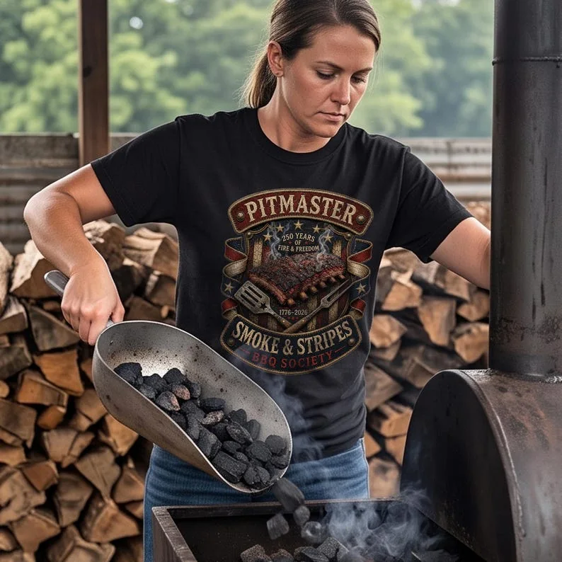 A woman in a Black Comfort Colors 1717 graphic t-shirt using a metal scoop to add charcoal to an open BBQ smoker, with split wood logs piled in the background.