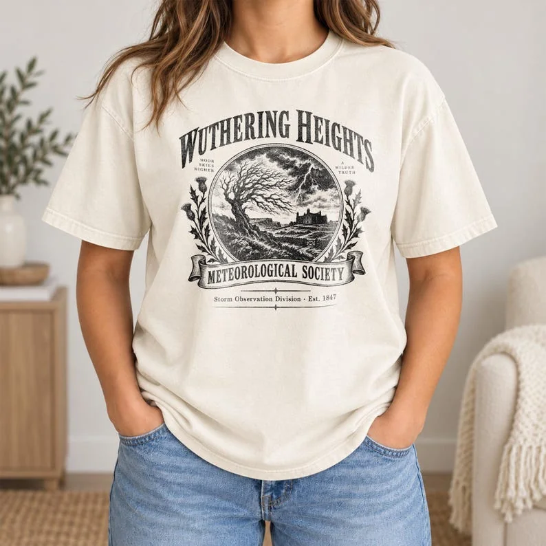 Ivory Comfort Colors Wuthering Heights shirt with black moorland Meteorological Society graphic.