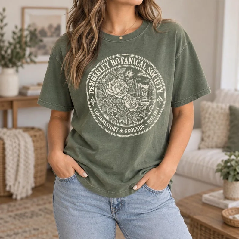 Moss green Comfort Colors Pemberley shirt with cream botanical society literary design inspired by Pride and Prejudice.