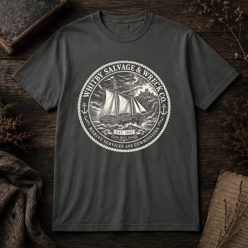 Pepper grey Comfort Colors T-shirt with Whitby Salvage and Wreck Co nautical design and vintage sailing ship illustration.