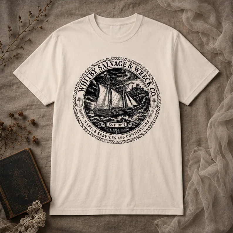 Ivory Whitby Salvage and Wreck Co literary T-shirt featuring a distressed circular ship design inspired by Dracula.
