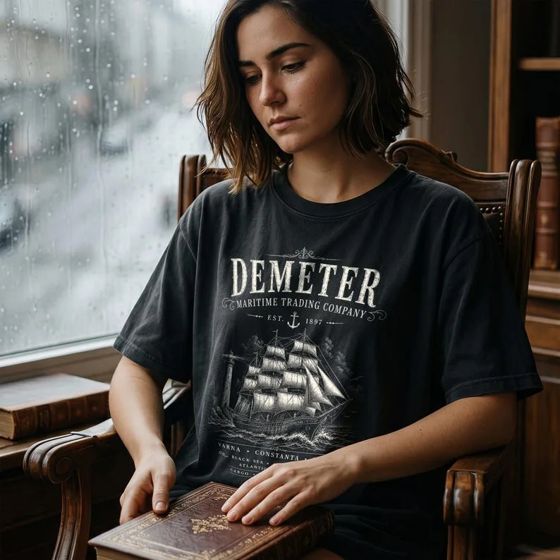 Black Demeter Dracula shirt worn by woman in dark academic library setting