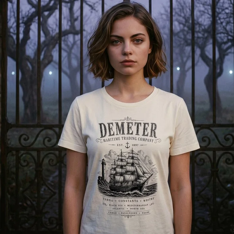Ivory Demeter Maritime Dracula shirt worn outdoors with vintage literary ship design